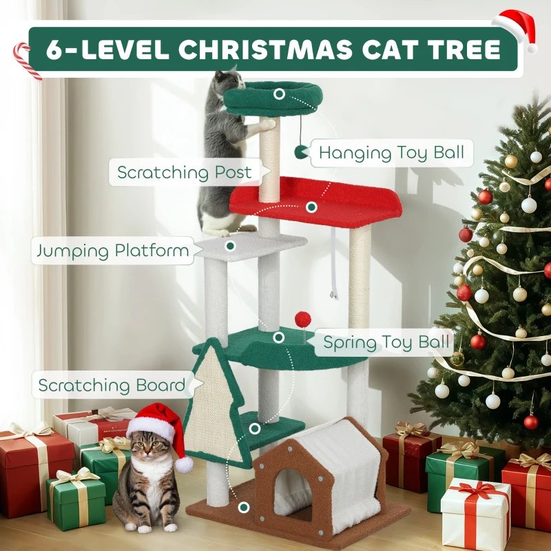 Drapak dla kota 135 cm, 6 poziomów, kolorowe święta