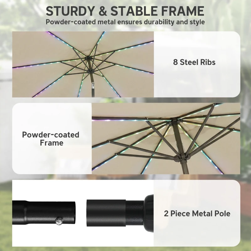 Outsunny 3 m Garden Parasol Umbrella with 112 Solar Powered LED Lights, Patio Umbrella with Crank Handle, Beige