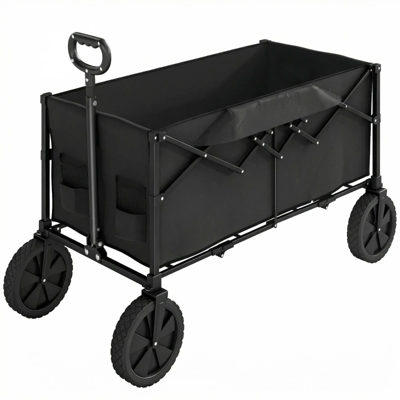 Outsunny 95L Foldable Festival Trolley on Wheels, Collapsible Wagon Cart with Adjustable Handle and 2 Cup Holders, Black