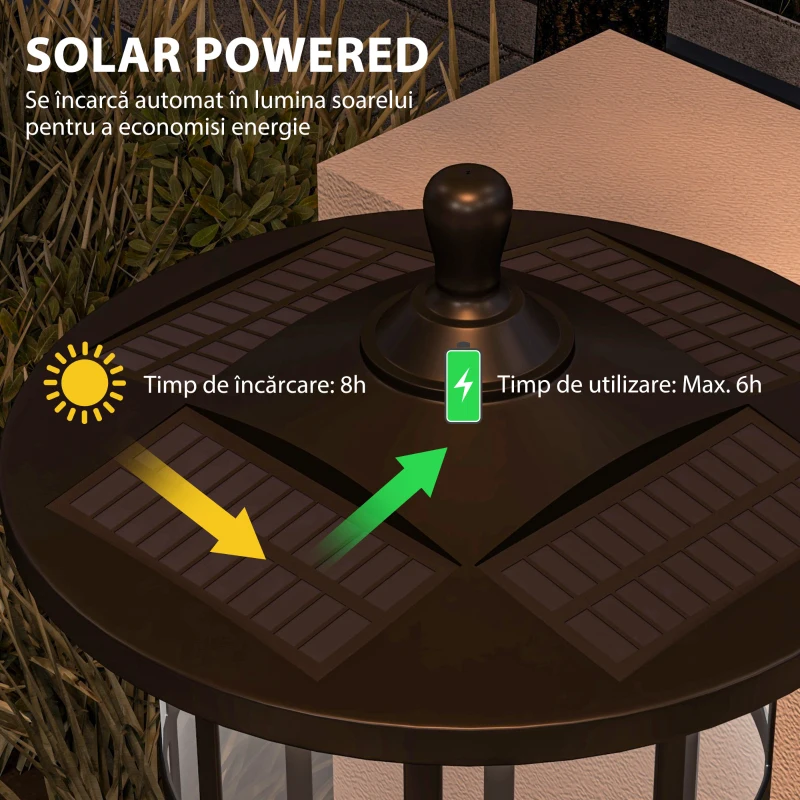 Outsunny Set 2 Felinare Solare cu Autonomie de 6h și Suport pentru Fixare în Sol, din Oțel Inoxidabil și ABS, 23.5x23.5x184 cm, Negru