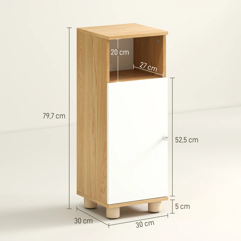 HOMCOM Mueble para Baño Ahorra Espacio con Armario de 2 Estantes y Compartimento Abierto, 30x30x79.7 cm, Blanco y Madera