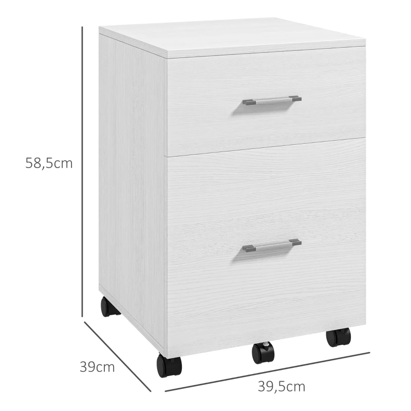 HOMCOM Caisson de Bureau 2 Tiroirs Roulettes Meuble Classeur Mobile pour Dossiers A4 ou Format Lettre 39,5x39x58,5 cm Blanc