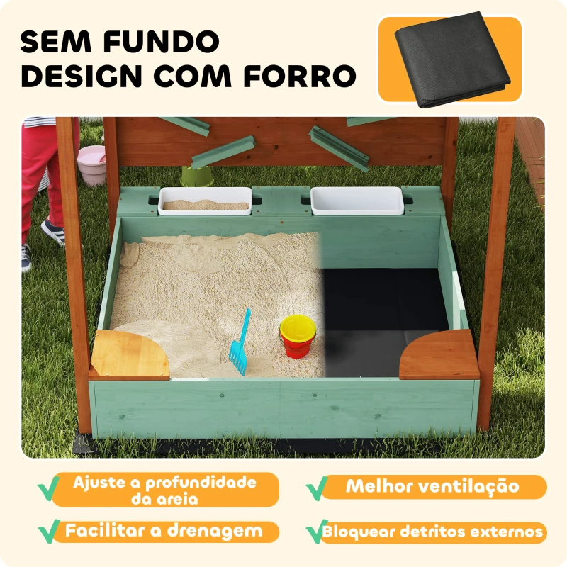 AIYAPLAY Caixa de Areia para Crianças de Madeira com Teto 2 Assentos 2 Caixas Torneira Funil 116x112,5x128 cm Verde