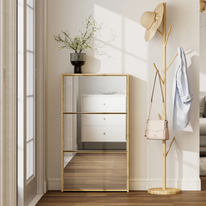 HOMCOM Portascarpe Stretto per Ingresso con 3 Ante e Specchio per 9 Paia di Scarpe, 65x17x114,5 cm, Naturale