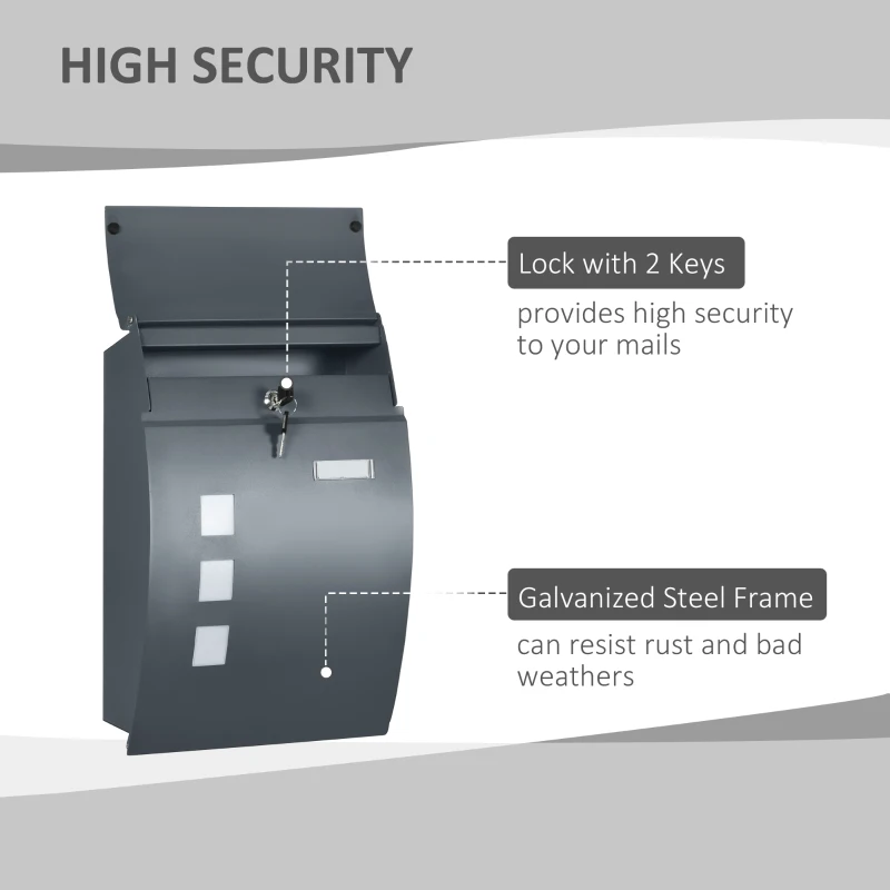 HOMCOM Wall Mounted Letter Box, Weatherproof Post Box for Outside Wall, Modern Mailbox with 2 Keys and Nameplate, Anthracite Grey