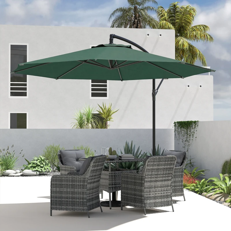 Outsunny 3 m Overhanging Cantilever Parasol, with Cross Base - Dark Green