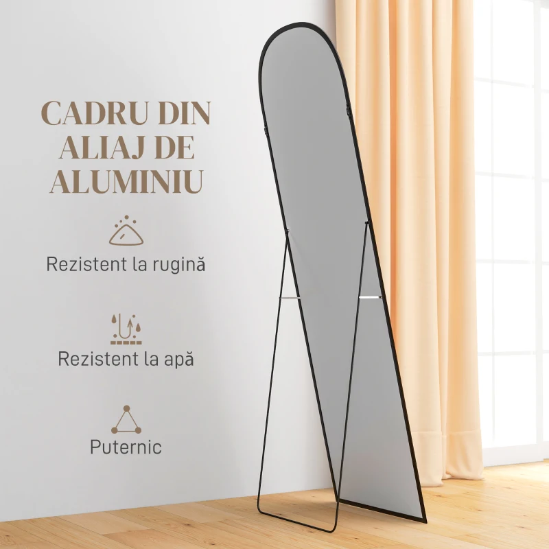 HOMCOM Oglindă de podea și perete modernă din aliaj de aluminiu cu suport pliabil, 50x161,5cm, negru