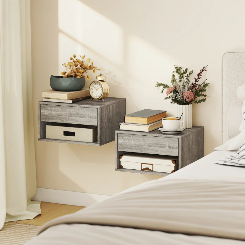 HOMCOM Set di 2 Comodini da Parete con Comodini, Cassetto, Vano Aperto e Piano, 37x32x21 cm, Grigio