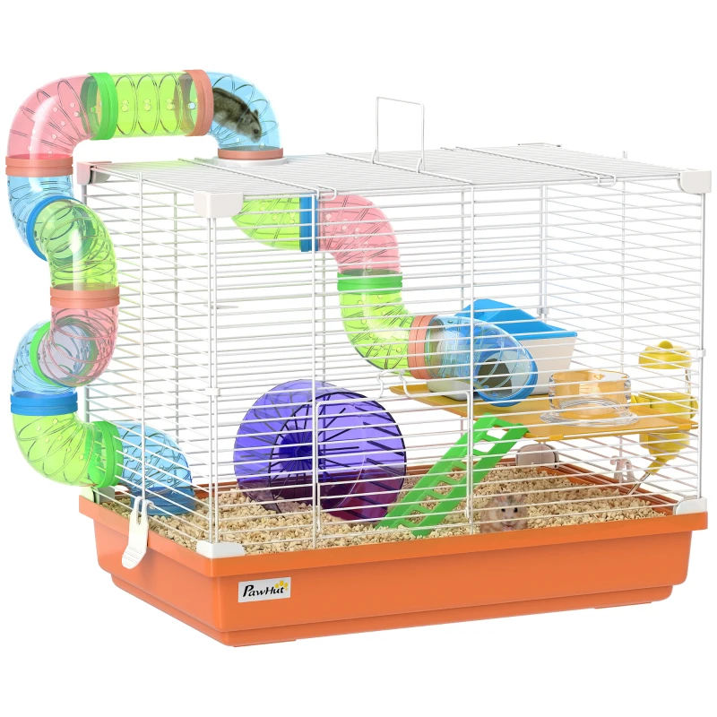 PawHut Cage pour hamster avec tunnel gamelle biberon maisonnette rampe roue d'exercice bac amovible 46x30x37 cm Orange