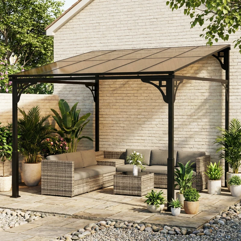Outsunny 3 x 2.87 m Metal Lean-to Pergola, Wall-Mounted Hardtop Garden Pergola with Polycarbonate Roof and Metal-Aluminium Frame