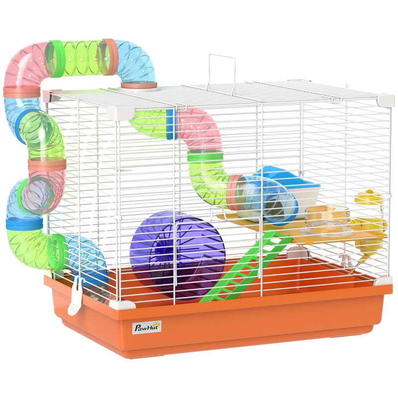 PawHut Cage pour hamster avec tunnel gamelle biberon maisonnette rampe roue d'exercice bac amovible 46x30x37 cm Orange