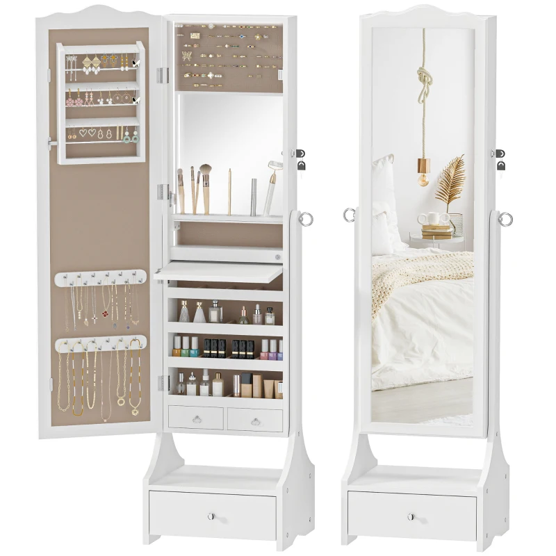 HOMCOM Miroir Armoire à bijoux avec LED Armoire Bijoux avec Miroir Pleine Longueur Angle Réglable Tiroirs Tablette Intérieure Rabattable Blanc