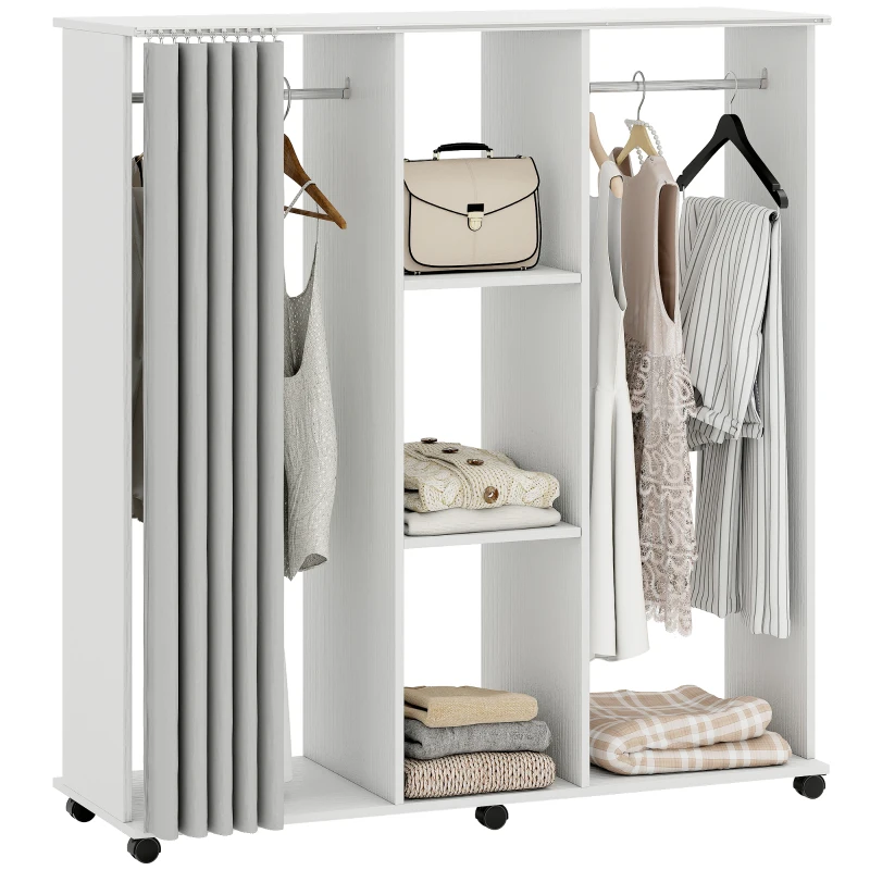 HOMCOM Armadio Appendiabiti Mobile Contenitore con 6 Ruote, in Legno, 120x40x128 cm, Bianco