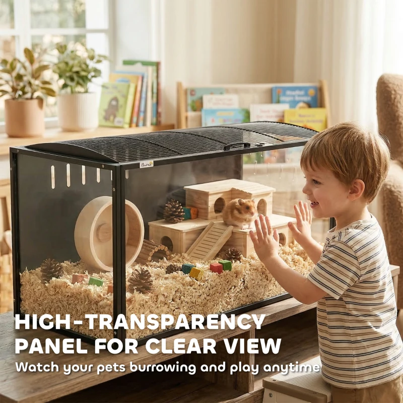 PawHut Cușcă mare pentru hamster 105x51x53 cm cu capac ventilat rabatabil, Cadru din oțel, Panouri transparente Negru