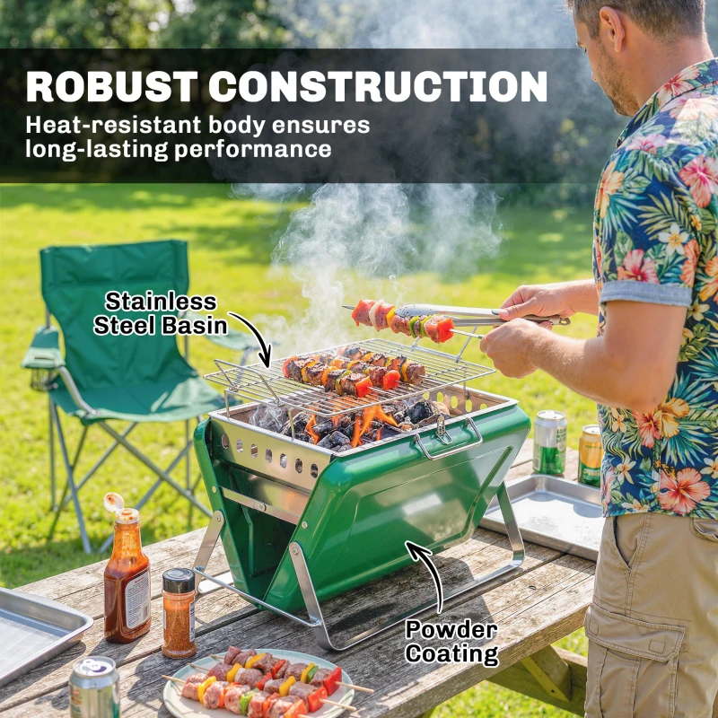 Outsunny Charcoal BBQ Grill Portable Stainless Steel Barbecue with Tilting Grate for Camping Picnic Garden Dark Green