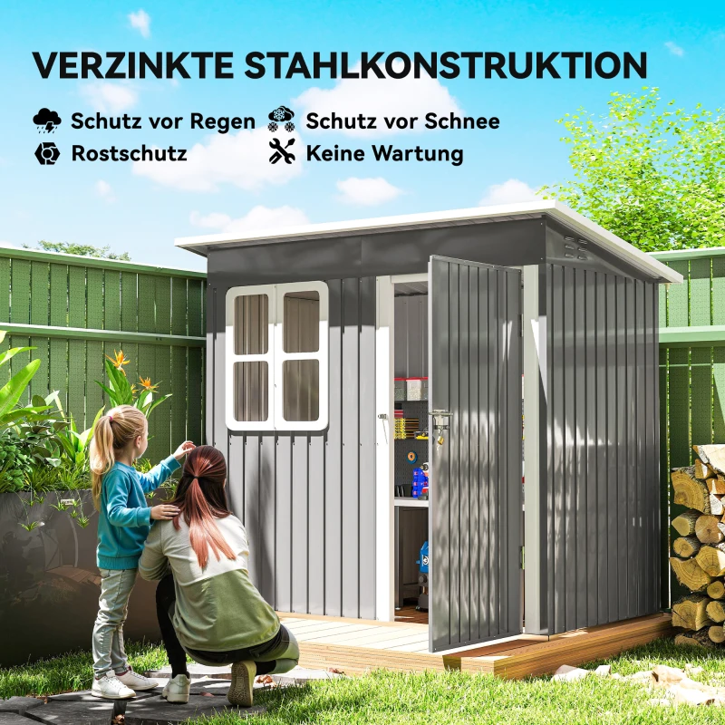 Outsunny Gartenschuppen, Gartenhaus mit Fenster, verschließbare Tür, für Garten, Terrasse, Stahl, 221L x 133B x 190H cm, Grau(m-4)