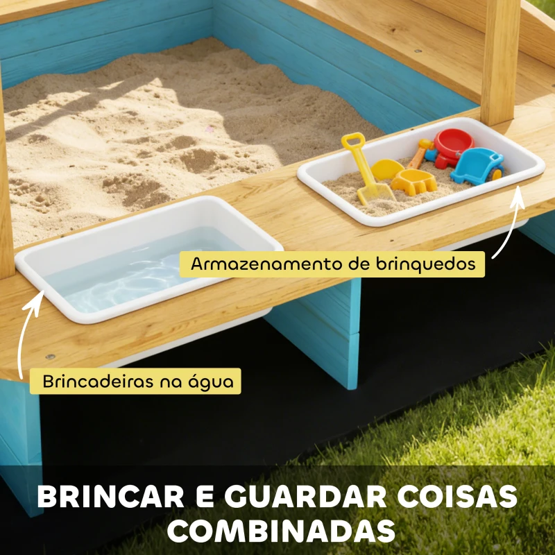 AIYAPLAY Caixa de Areia Infantil de Madeira com 2 Caixas de PP Caixa de Areia para Crianças de 3-6 Anos 128x118x121 cm Azul e Madeira