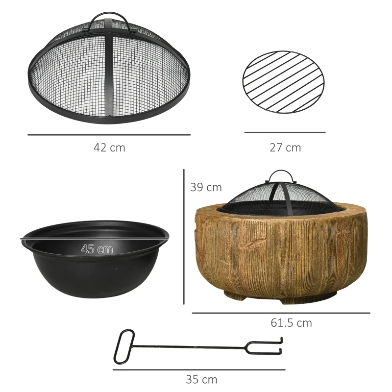 Outsunny Outdoor Fire Pit, 61.5 cm Metal Wood Burning Fireplace with Spark Cover, Poker, Woodgrain Design