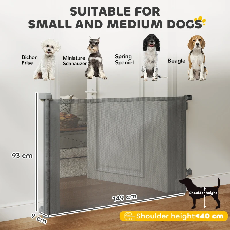 PawHut Barriera di Sicurezza Retrattile Estendibile per Cani, Scale e Porte, 149x9x93 cm, Grigio