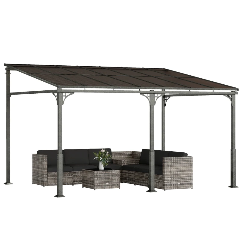 Outsunny 4 x 3 m Metal Lean-to Pergola, Wall-Mounted Garden Pergola with Polycarbonate Roof and Metal-Aluminium Frame, Heavy Duty Hardtop Gazebo for Outdoor Patios, BBQ, Brown
