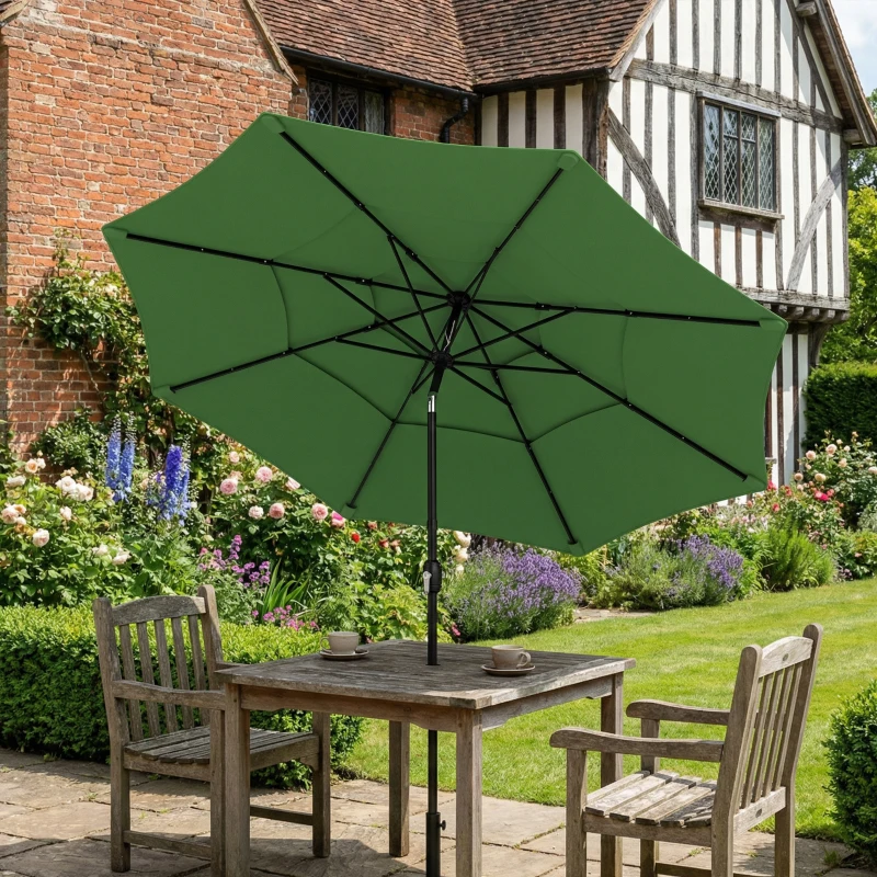 Outsunny Garden Parasol, Parasol Umbrella with 3-tier Roof, Crank Handle, Tilt Function, Polyester Canopy, Green