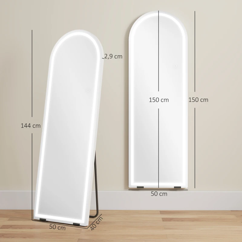 HOMCOM Miroir sur Pied Pleine Longueur avec Éclairage 150x50cm Arqué sans Cadre 3 Températures de Couleur Luminosité Réglable Transparent