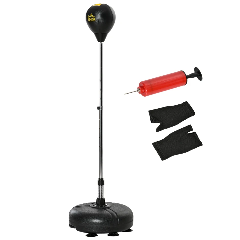 HOMCOM Saco de Boxeo de Pie con Altura Ajustable en 4 Niveles Base Rellenable Guantes e Inflador Ø45x133-151 cm Negro