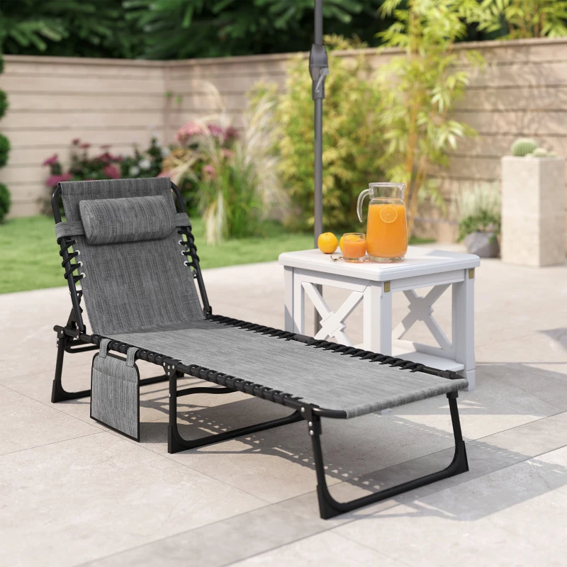 Outsunny Sdraio pieghevole con schienale regolabile e poggiatesta, 189x58x30 cm, Grigio