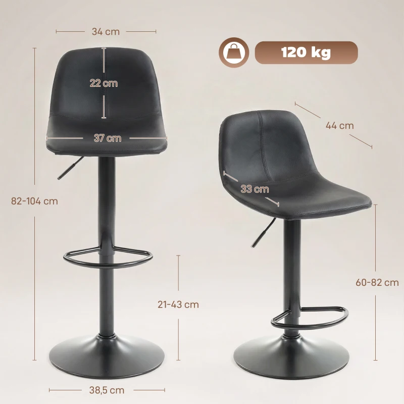 HOMCOM Lote de 2 taburetes de bar, sillas de bar altura regulable, respaldo y reposapiés, giratorio 360°, patas de acero, negro