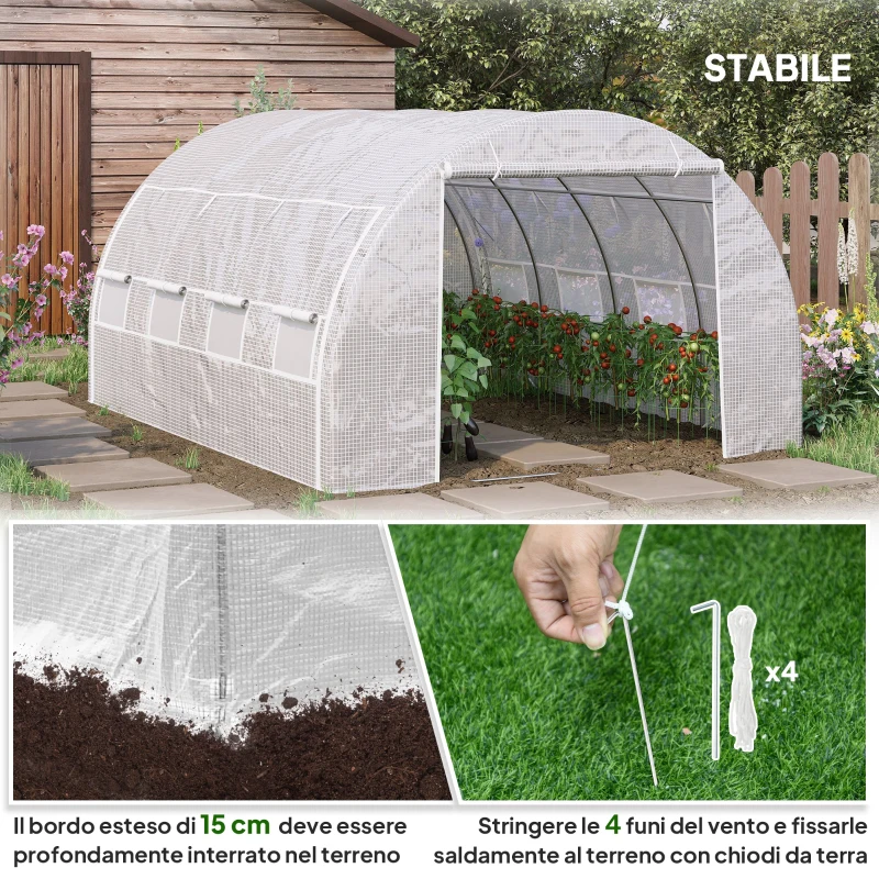 Outsunny Serra a Tunnel con Porta, Pannelli e 8 Finestre Avvolgibili, in Acciaio Zincato e PE, 3.97x3x2 m, Bianco