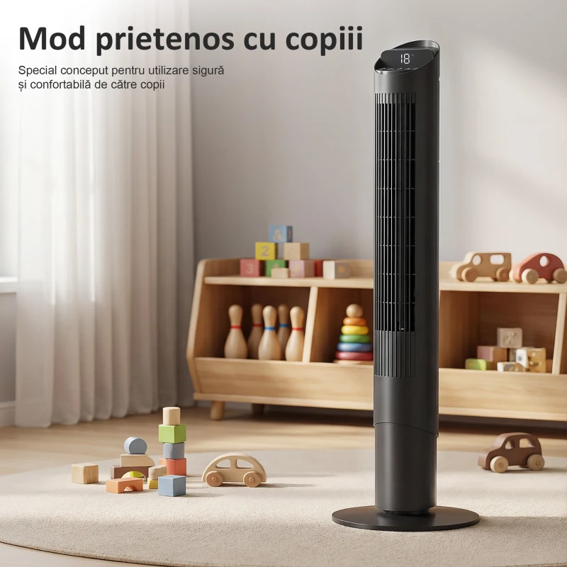 HOMCOM Ventilator Vertical 116 cm, ventilator control WiFi prin aplicație, dormitor, culoare neagră