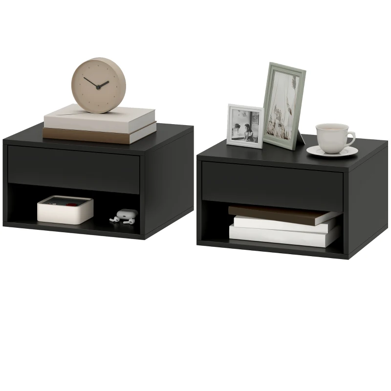 HOMCOM Set di 2 Comodini da Parete con Cassetto, Scomparto Aperto e Piano d'Appoggio, 37x32x21 cm, Nero
