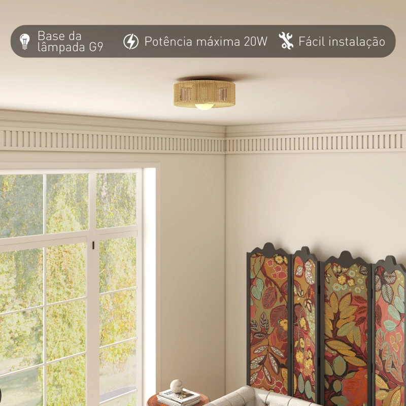 HOMCOM Candeeiro de Teto com Lâmpada LED G9 20W 3000 K Candeeiro de Teto Boémio com Ecrã de Corda de Linho Ø30x16 cm Castanho Claro