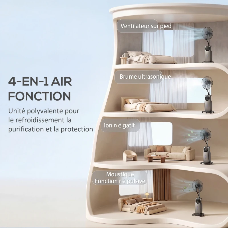 HOMCOM Ventilateur brumisateur 90W, ventilateur sur pied 138cm, 3 vitesses, 3 modes, ionisation négative, antimoustique, noir