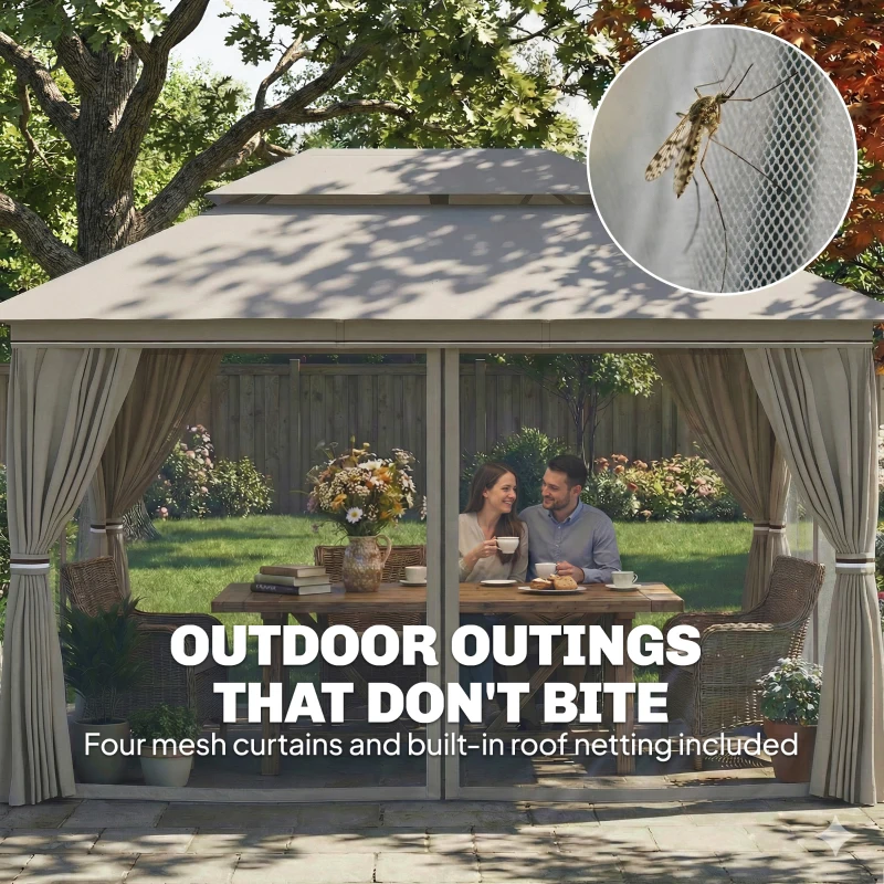 Outsunny 3 x 4 m Outdoor Garden Gazebo with Netting and Curtains, UPF50+ Patio Gazebo Permanent Pavilion Canopy, Beige