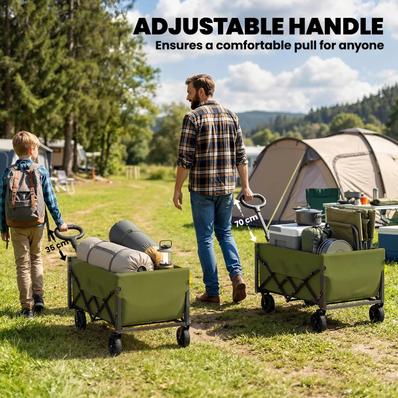 Outsunny 80L Foldable Festival Trolley on Wheels, Collapsible Wagon Cart with Drop-Down Tailgate, Adjustable Handle, Green