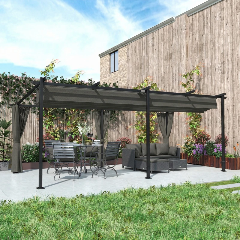 Outsunny Einziehbare Pergola mit seitlichen Vorhängen, Metall-Gartenpavillon mit Sonnenschutz UPF30+, dunkelgrau