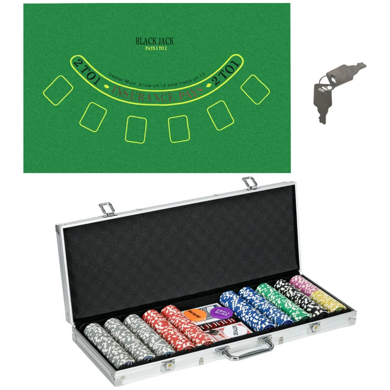 SPORTNOW Set de Póker con 500 Fichas 2 Barajas de Cartas Dados Tapete y Botón de Crupier Set de Casino Texas Hold'em con Maletín