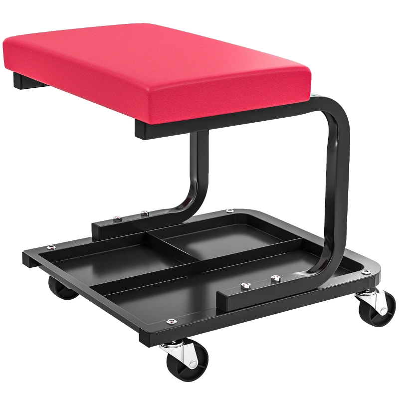 HOMCOM Sgabello da meccanico con vassoio porta attrezzi e rotelle, carico 135 kg, 36,5x33,5x35 cm, rosso