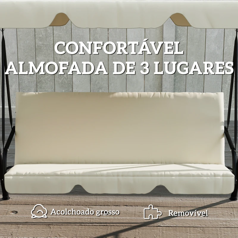 Outsunny Baloiço de Jardim  de 3 Lugares Baloiço com Teto Ajustável Almofada e Estrutura em Aço 172x118x153 cm Bege