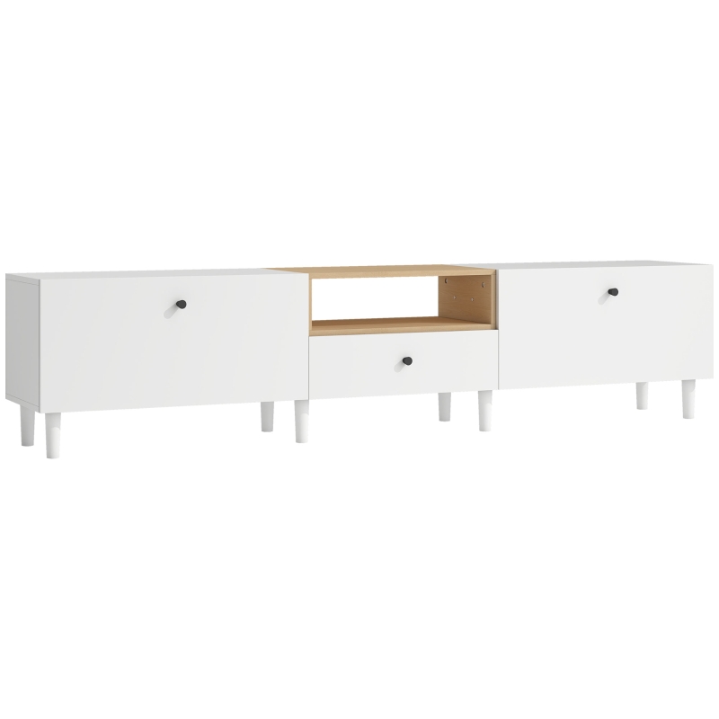 HOMCOM Mobile TV con 2 sportelli ribaltabili, scomparto aperto e cassetto, in pannello truciolare, 200x35x45 cm, Bianco