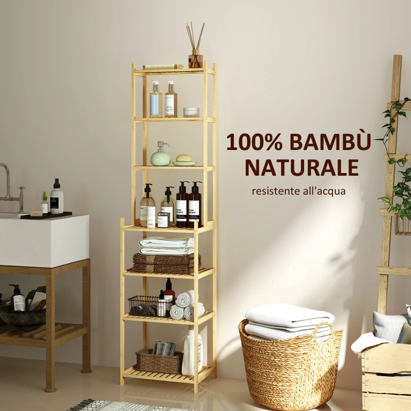 HOMCOM Mobile Scaffale Bagno a 7 Ripiani Portaoggetti in Bambù, 44x33x180 cm, Color Legno
