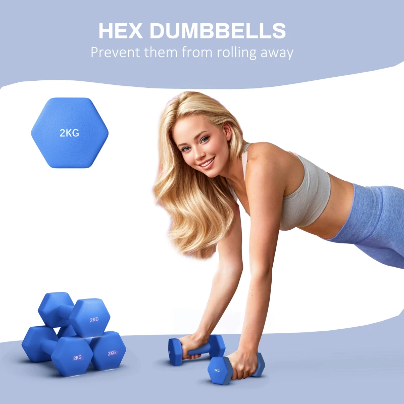 SPORTNOW 2 x 2kg Hexagonal Dumbbells Weights Set with Non-Slip Grip for Home Gym Workout, Blue