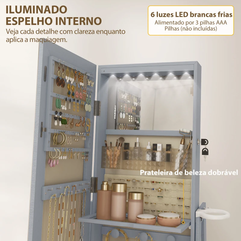 HOMCOM Espelho de Pé Giratório 360° com Espelho com Interior Iluminado Organizador de Jóias com Prateleiras e Gavetas 56x56x164