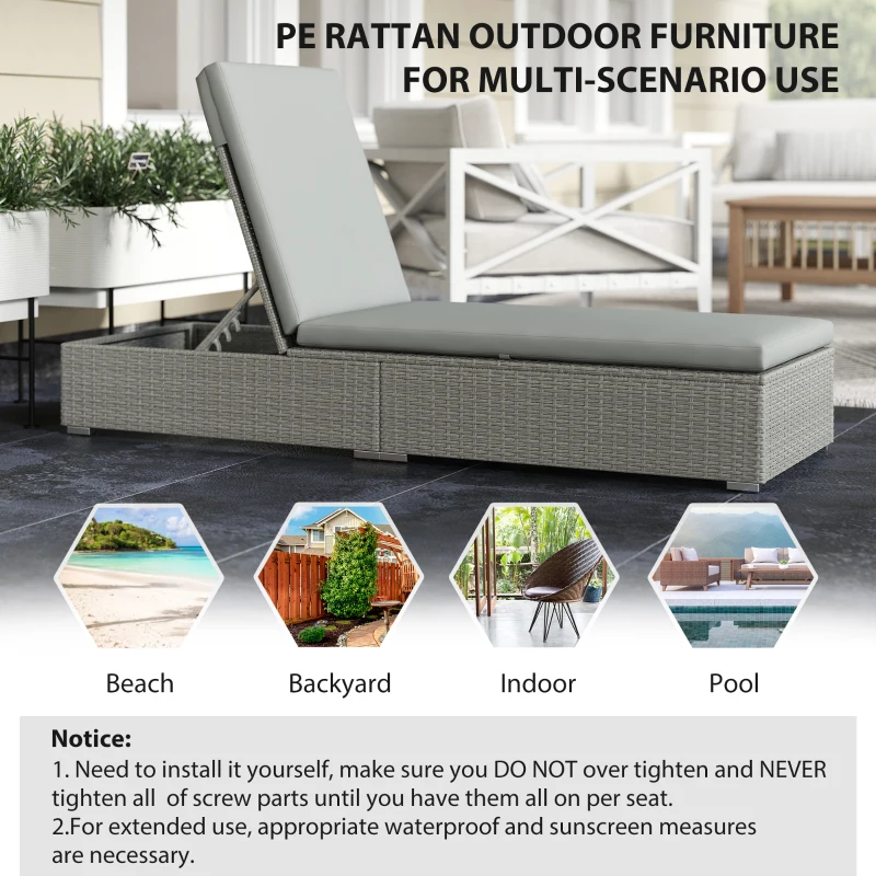 Outsunny Rattan Sun Lounger, Five-Position Reclining Garden Lounger Bed with Cushion, Light Grey