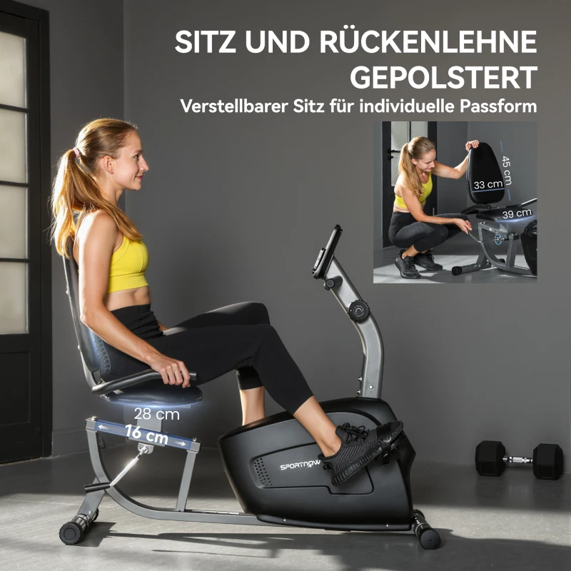 SPORTNOW Heimtrainer, Magnet-Liegerad, 8 Widerstandsstufen, verstellbar, LCD-Monitor, Metall, Kunststoff, Schwarz
