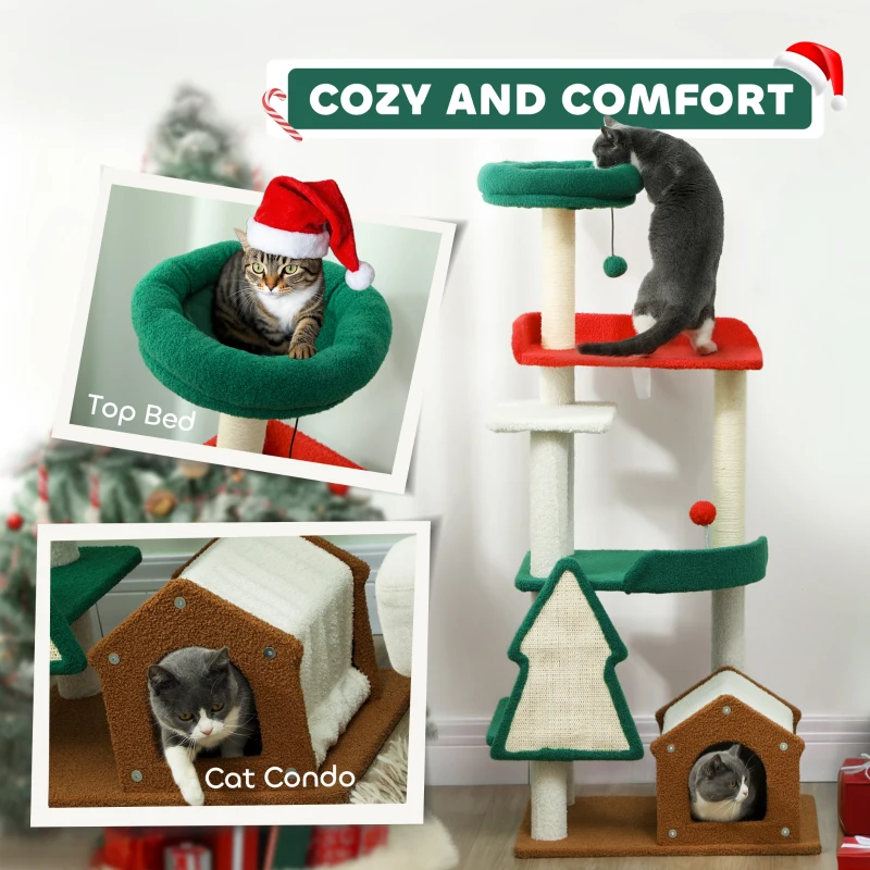 Drapak dla kota 135 cm, 6 poziomów, kolorowe święta