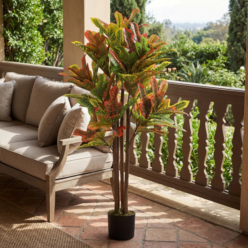 HOMCOM Plante artificielle de croton multicolore en PEVA et bois avec pot en PP et ciment, 55x55x120 cm