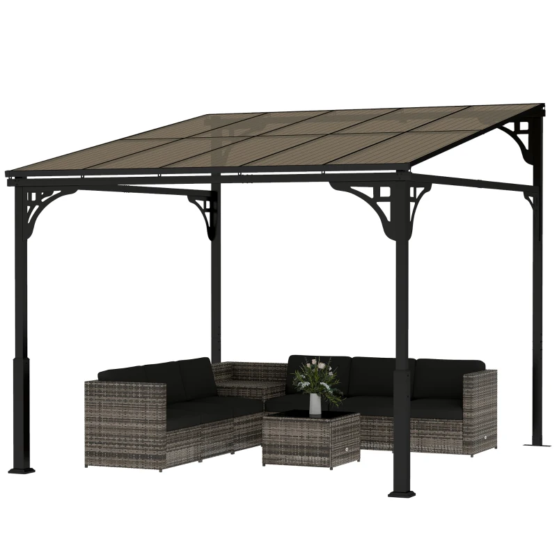 Outsunny 3 x 2.87 m Metal Lean-to Pergola, Wall-Mounted Hardtop Garden Pergola with Polycarbonate Roof and Metal-Aluminium Frame