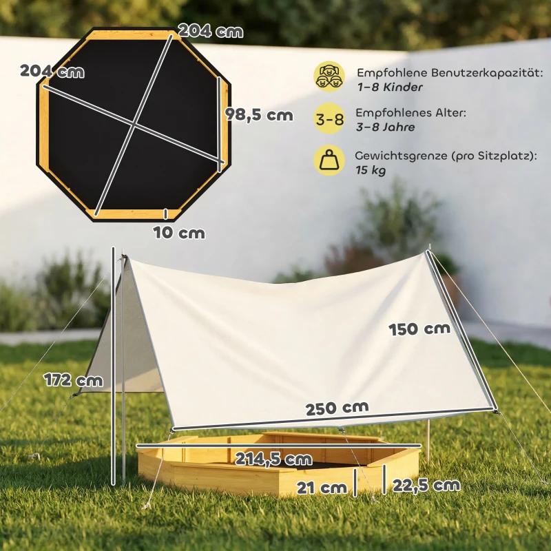 AIYAPLAY Arenero con techo 4 bancos lona para 8 niños de 3-8 años para exterior jardín madera 214,5 x 214,5 cm Amarillo